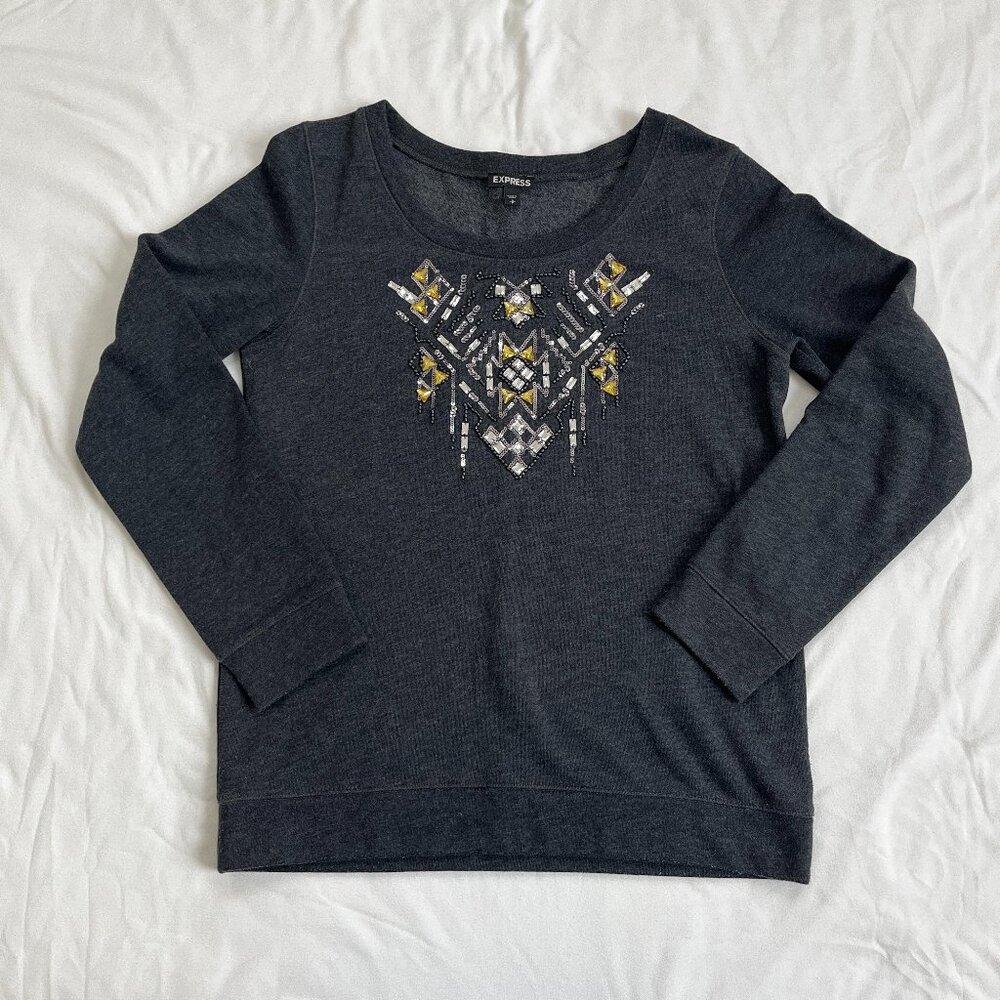 Express Gray Gem Embellished Crew Neck Sweater, Women's Size Small